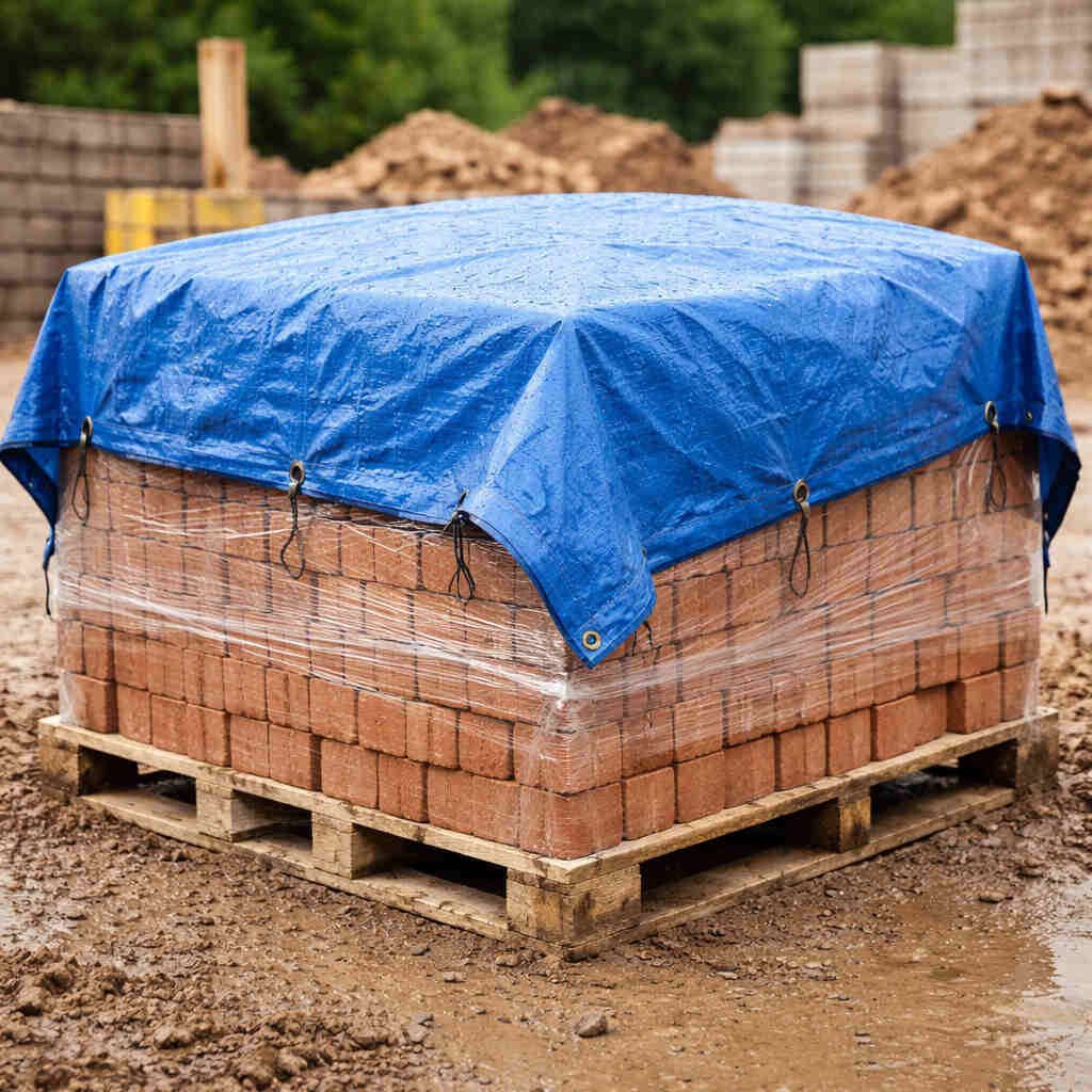 Tarpaulin Uses For Covering Bricks On A Construction Site